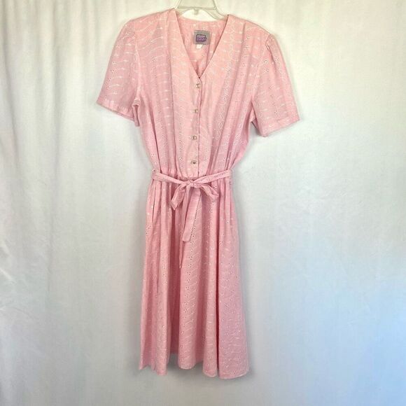 Vintage California Looks Women Button Front Dress V Neck Padded Shoulder Pink - Picture 1 of 12